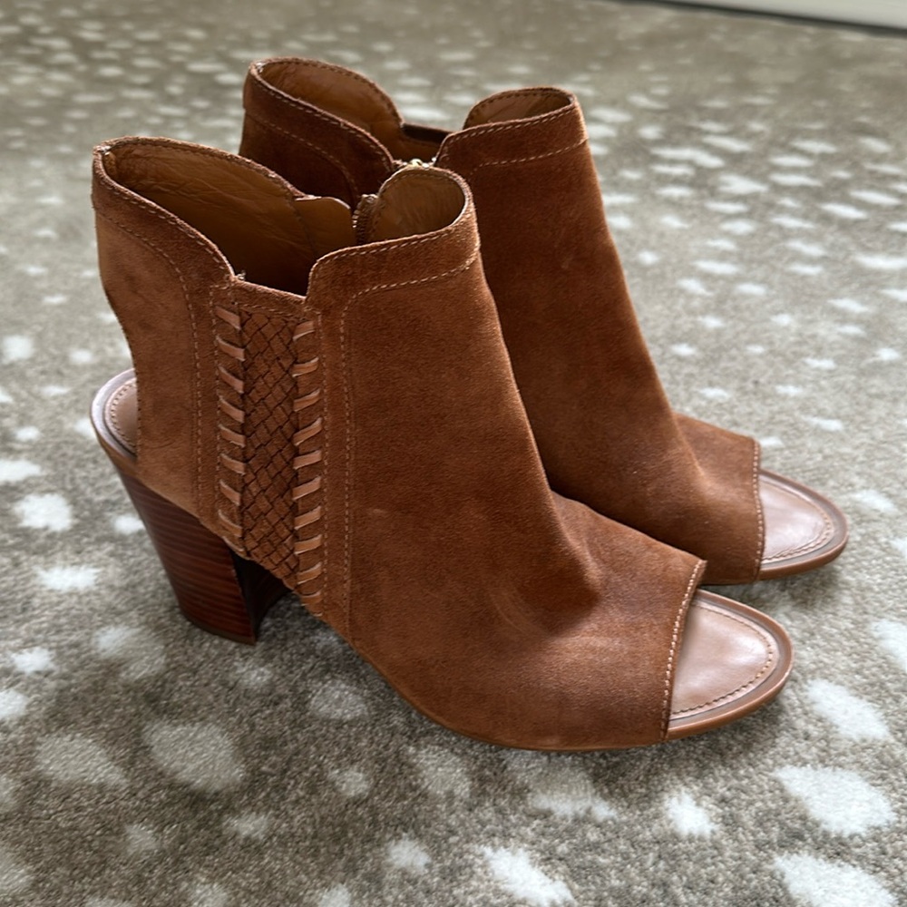 Cognac Suede Block Heel Open Toe Bootie Sandals - image 1